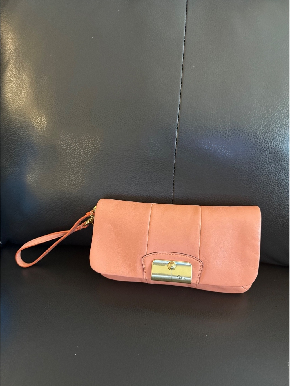 Coach Peach Leather Wristlet Clutchwith Gold-tone Hardware